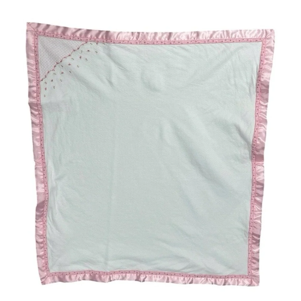 Vintage Carters Little Rose Baby Blanket Flowers Satin Trim‎ 100% Cotton White
